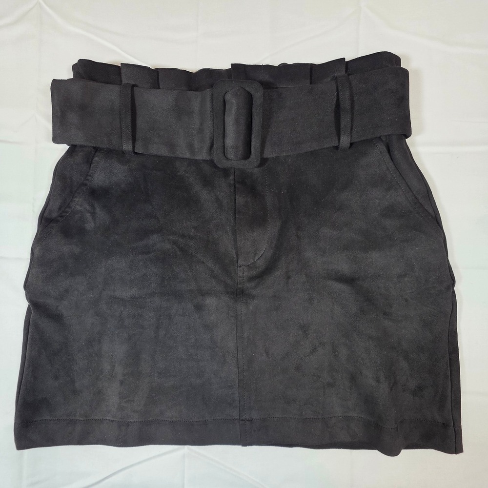 Zara TRF Black Faux Suede Paperbag Waist Mini Skirt with Belt Womens Size Small